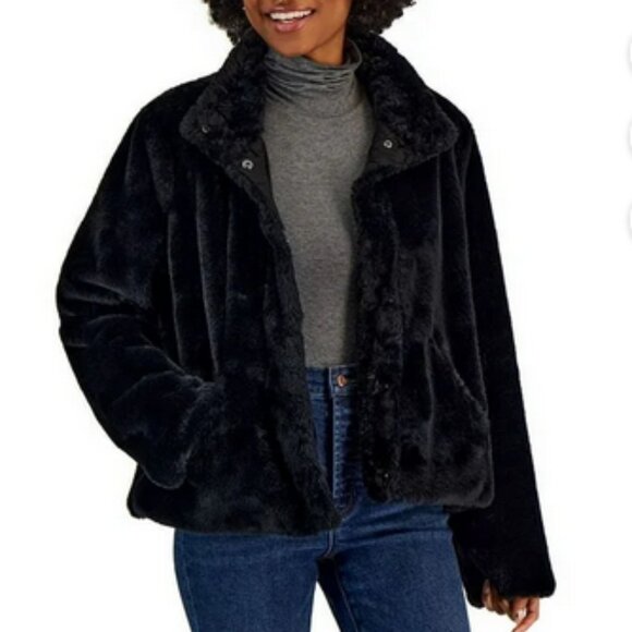 MARALYN & ME Faux Fur Snap Front High Collar Jacket Black Junior XL - Picture 1 of 16